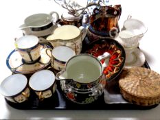 A tray containing miscellaneous ceramics to include antique copper lustre jugs,