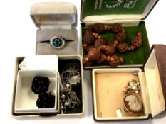 A white metal bracelet with tassle, together with cameo brooch and earrings,