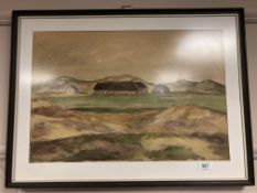 20th century school : Buildings by a hillside, watercolour,