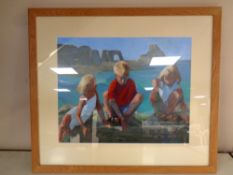 A pastel drawing - children at a rock pool, 49 cm x 39 cm,