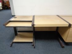 A metal framed clerk's desk, width 80cm, together with a similar metal framed computer trolley,