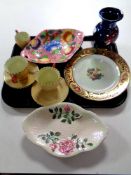 A tray containing six pieces of Maling tea ware together with three further Maling shallow dishes