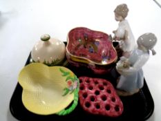 A tray containing a Maling lustre bowl decorated in oriental style depicting storks,