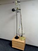 A pine effect two drawer bedside chest together with two floor lamps