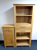 A set of contemporary oak open bookshelves fitted two drawers together with matching side cabinet