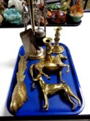 A tray containing assorted metal wares to include a three piece companion set on stand,