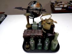 A tray containing miscellaneous to include metal wares, wooden jewellery casket,