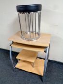 A contemporary computer trolley together with a metal and faux leather circular dressing table