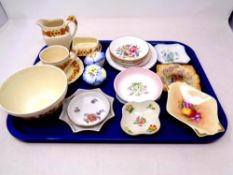 A tray containing Crown Ducal Gainsborough porcelain, pair of porcelain salt and pepper sifters,