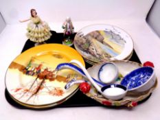 A tray containing a quantity of collector's plates, Dresden porcelain figure of a ballerina,
