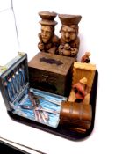 A tray containing two pairs of bookends, cased set of fish cutlery,