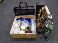 Two boxes of glass ware, Tiffany style lamp, contemporary telephones, books,