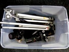 A box containing cameras by Nikon, Chinon, Zenit etc with lenses,