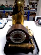 A tray containing 20th century oak cased mantel clock, eastern brass vase,