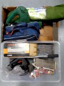Two boxes containing electric jigsaw, hand saw, car cleaning kit,