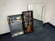 Two all glass mirrors (one as found) and a piece of metal wall art