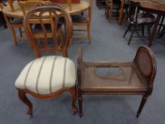 A French beech dining chair on cabriole legs together with a beech bergere upholstered footstool