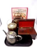 A tray containing a 19th century mahogany sarcophagus tea caddy (foot missing) together with a