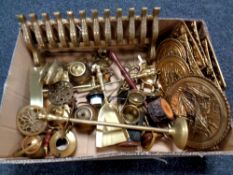 A box containing a quantity of brass ware to include fire front companion pieces,