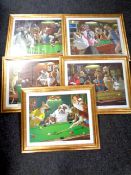 Five Arthur Sarnoff prints, dogs playing pool,