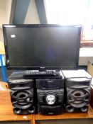 A Sony mini hifi component system together with a Hitachi 22'' LCD TV DVD with universal remote