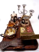 An Edwardian oak twin handled serving tray together with a five piece antique lustre pottery tea