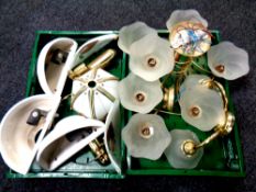 Two plastic crates of brass light fitting with glass shades and matching wall lights,