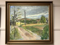 Continental school : A country track with buildings beyond, oil on canvas,