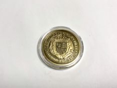 A 500 year sovereign anniversary coin, gold on silver CONDITION REPORT: 20.2G.