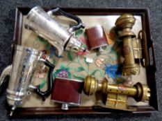 A 20th century oak framed tapestry, twin handled serving tray, together with two hip flasks,