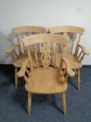 Three pine farmhouse armchairs
