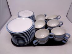 A tray containing twelve Denby Colonial Blue trios