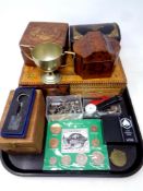 A tray of wooden trinket boxes, coins, watches, plated trophy, key ring,
