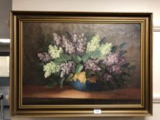 Continental School : Still life with flowers in a bowl, oil on canvas, 64 cm x 44 cm.