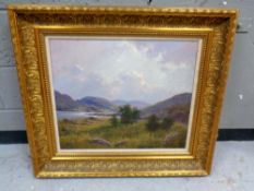 Donald Shearer (Scottish, 1925-2017), Highland landscape, oil on board, in ornate gilt frame.