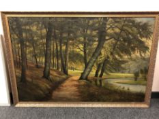 Continental School : Trees by a stream, oil on canvas, 135 cm x 89 cm.