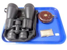 A pair of Auriol 10 x 30 x 60 field glasses in bag, plated cigarette case,