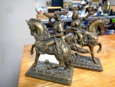 Two brass figures on horse back - Falconer and man with horn