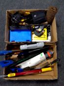 Two boxes of tools, hand saws, Stanley wood working plane,