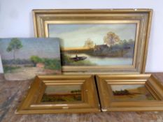 An antiquarian oil painting of a man in rowing boat,