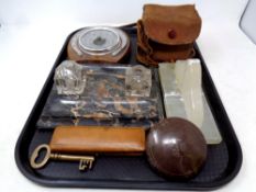 A tray of Edwardian desk stand with inkwells, pair of marble book ends,