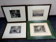 Black and white colour print - boats on a river, together with three further prints.