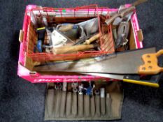 A box of vintage and later hand tools, Stanley plane, saws,