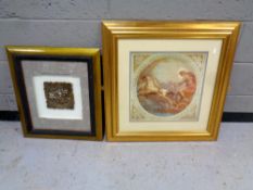 A carved panel depicting a deer and foal in frame together with a further print of a man on chariot