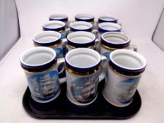 A tray of twelve Danbury Mint sailing ship tankards