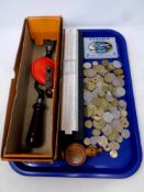 A tray containing a cased slide rule, a boxed Stanley 805 hand drill, postcards,