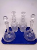 A pair of lead crystal cut glass decanters together with a further pair of liqueur decanters