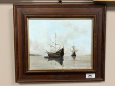 Contemporary School, Moored warships, oil on board, 24cm by 19cm.