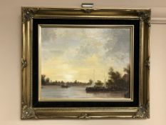 Contemporary School, Boats on a river, oil on board, 24cm by 18.5cm.