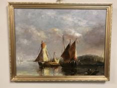 Contemporary School, Sail boats by a coast, oil on board, 39.5cm by 29.5cm.